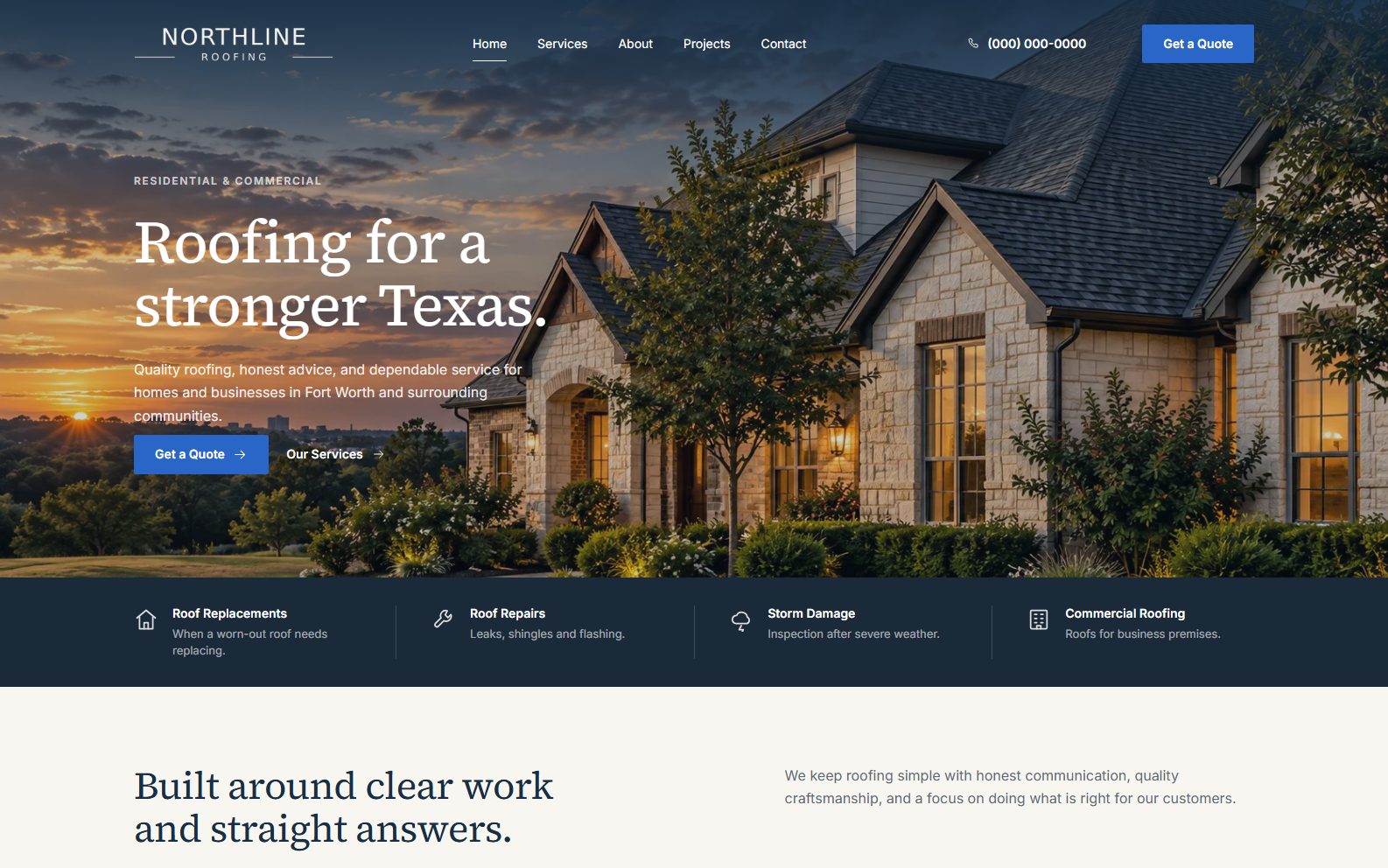Northline Heritage homepage: a navy header and blue quote button over a sunset photograph of a stone house, headlined "Roofing for a stronger Texas", above a dark band listing four services.