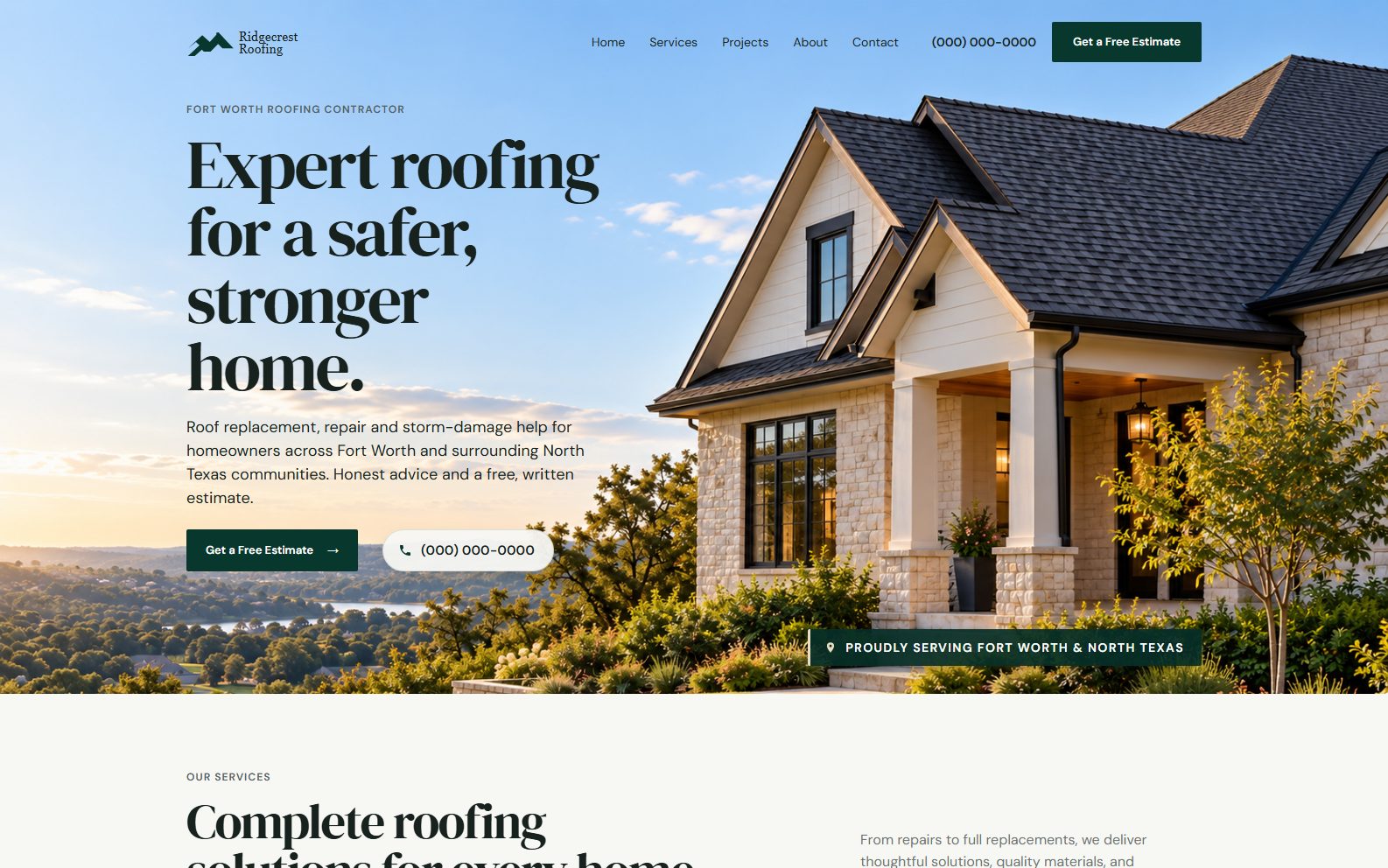 Ridgecrest Golden Hour homepage: a full-width photograph of a cream stone house in warm evening light behind the headline "Expert roofing for a safer, stronger home" and a dark green estimate button.