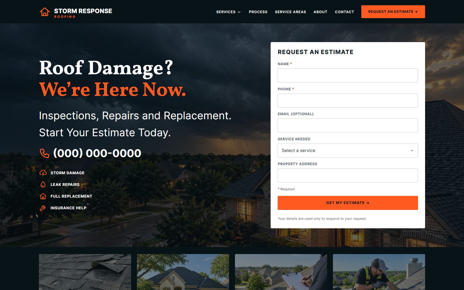 Stormfront Beacon homepage: a dark storm-sky hero with the orange headline "We're Here Now", a large phone number, and an estimate request form on the right.